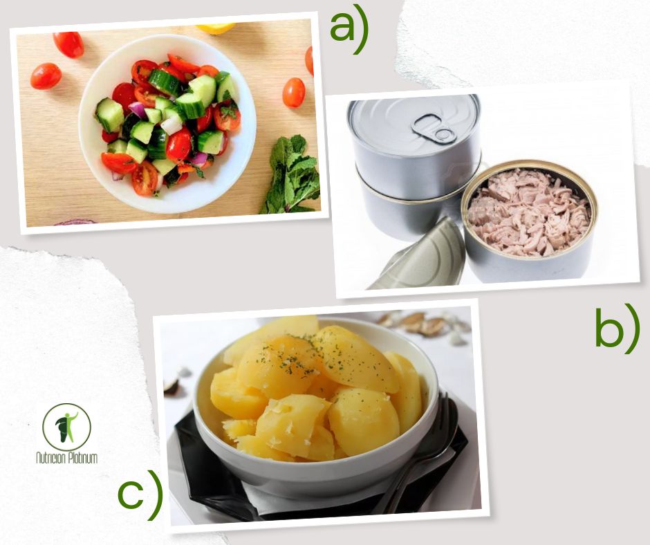 Ensalada Mediterranea con atún en conserva y patatas con perejil.